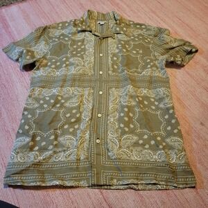 Crewcuts Boys Bandana Print Button Up‎ Shirt 16 Olive Green Linen Casual Vibes